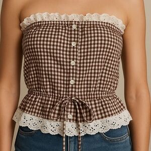 NWT Sim & Sam Brown Gingham & Lace Tube Top